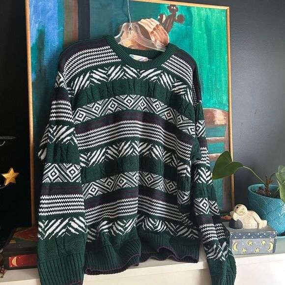 Vintage Men's Geometric Pattern Crewneck Sweater - Green and White - L - Picture 13 of 16
